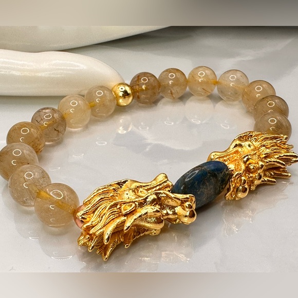 GOLD RUTILATED QUARTZ + SEA JASPER NATURAL STONES BRACELET size 7.5” - Picture 10 of 10